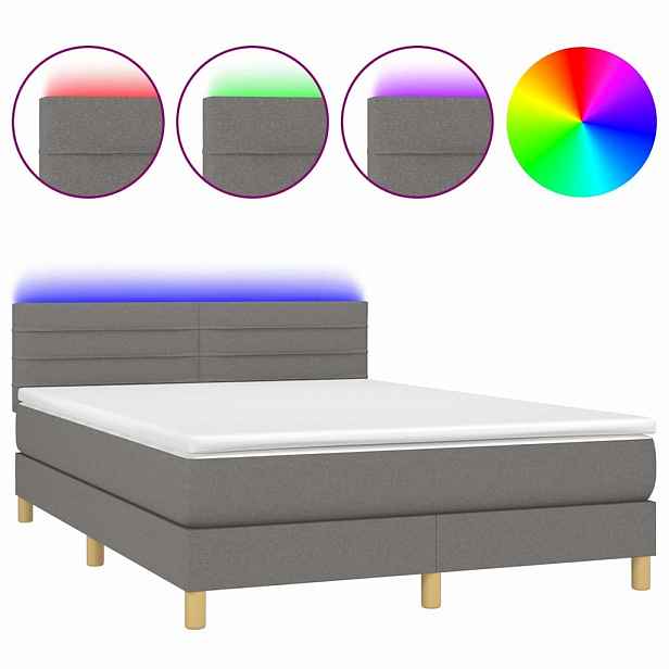 vidaXL Box spring postel s matrací a LED tmavě šedá 140x190 cm textil