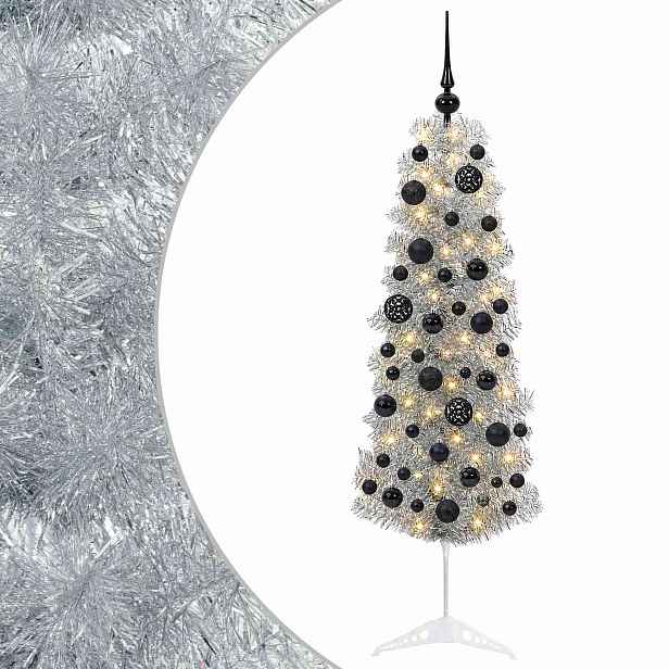 vidaXL Štíhlý umělý vánoční stromek s vánočními koulemi 150 cm 150 LED