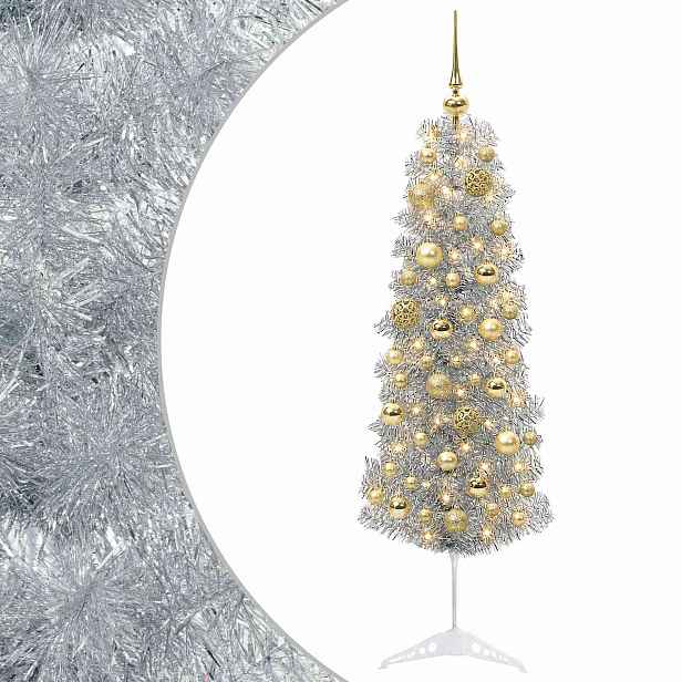vidaXL Štíhlý umělý vánoční stromek s vánočními koulemi 150 cm 150 LED