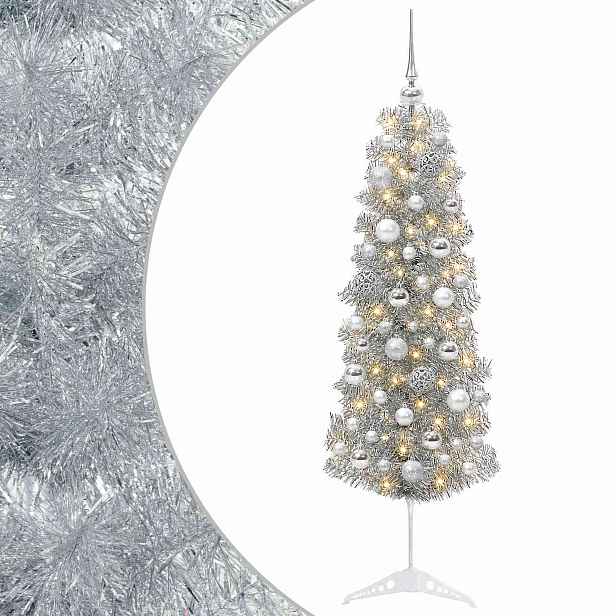vidaXL Štíhlý umělý vánoční stromek s vánočními koulemi 150 cm 150 LED