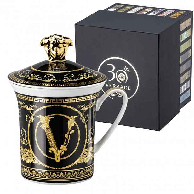 Hrnek s víčkem Versace Virtus Gala Black, limitovaná kolekce 30 let
