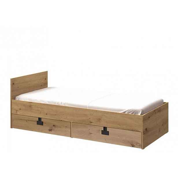 Jednolůžková postel do studentského pokoje 90x200 BASHIRA - dub / dub artisan lesklý