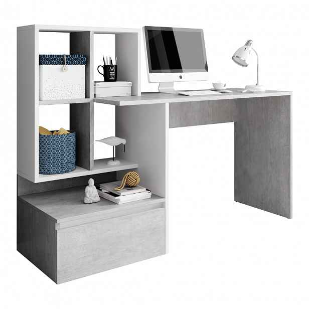 PC stůl s regálem NEREO Tempo Kondela Bílá / beton