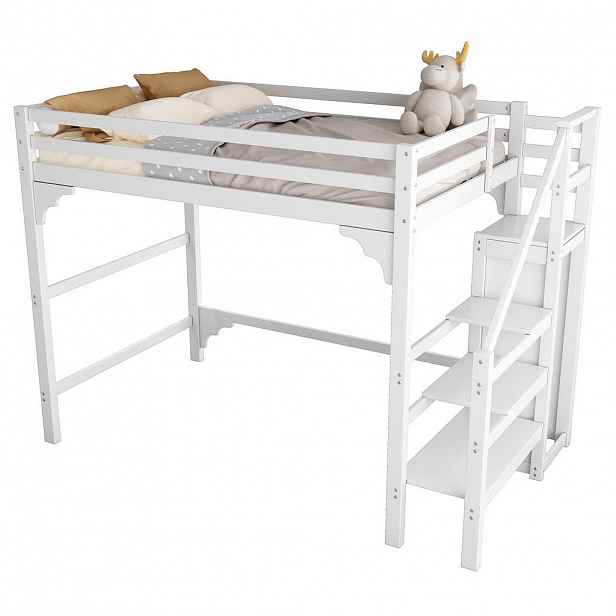 Modfu PATROVÁ postel z borovice a MDF 140x200 cm bílá se schodištěm, šatní skříní a úložným prostorem