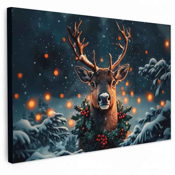 MuchoWow OBRAZ NA PLÁTNĚ Jelen - Vánoce - Zima - Sníh - Vánoční věnec 30x20 cm
