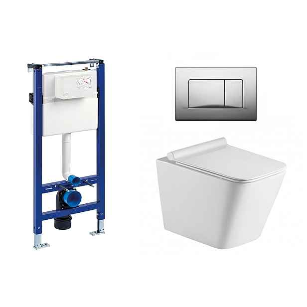 Liv-Fluidmaster Wc set Square Gips podmítková nádrž do sádrokartonu; mísa; sedátko a tlačítko mat. chrom 195866 - SET(195866; 223468; OLKLT052E)
