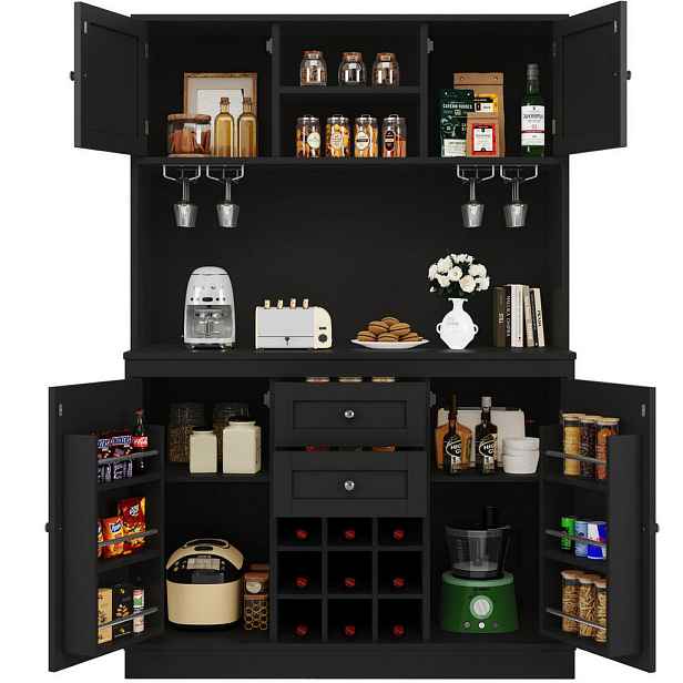 Modenvie BUFFET skříň z MDF, 120/40/188 cm černá, s vinotékou a nastavitelnými policemi