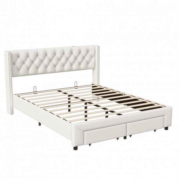 SHOPENTRA ČALOUNĚNÁ postel 140x190 cm béžová sametová LED USB postel s boxem
