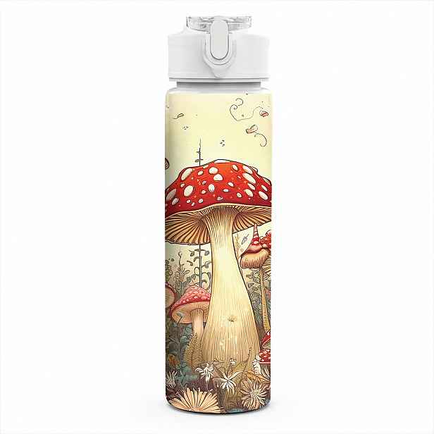 TEMU 1 ks Sportovní láhev na vodu s potiskem houbových květů, 750 ml / 26 oz, plastová, roztomilý potisk, nepropustná s výklopným víčkem, lehká,