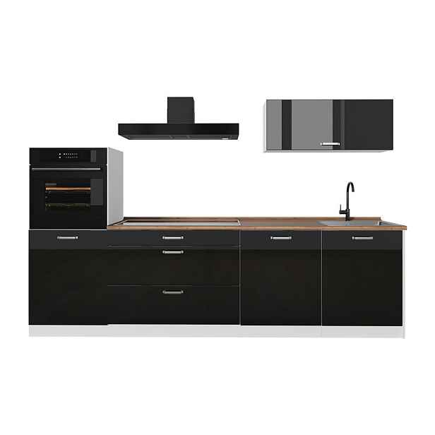 Vicco KUCHYŇSKÝ KOUT R-Line, Černý vysoký lesk/Bílá, 280 cm pracovná doska Dub Goldkraft