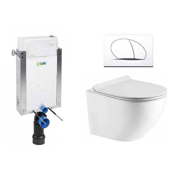 Liv-Fluidmaster Wc set Ring Wall podmítková nádrž do zdiva; rimless mísa; sedátko a bílé tlačítko 195853 - SET(195853; 669931; OLKLT046E)