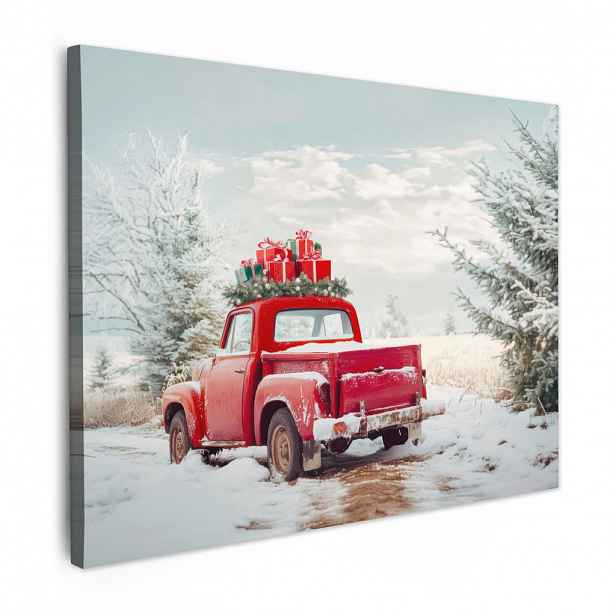 MuchoWow OBRAZ NA PLÁTNĚ Auto - Červená - Dárky - Zima - Sníh - Vánoce 80x60 cm