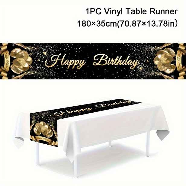TEMU 1 ks, Černý zlatý ubrus na stůl "Happy Birthday", 180×35 cm, balónková hvězda vinylová dekorace, dárkové potřeby pro dospělé, narozeninová