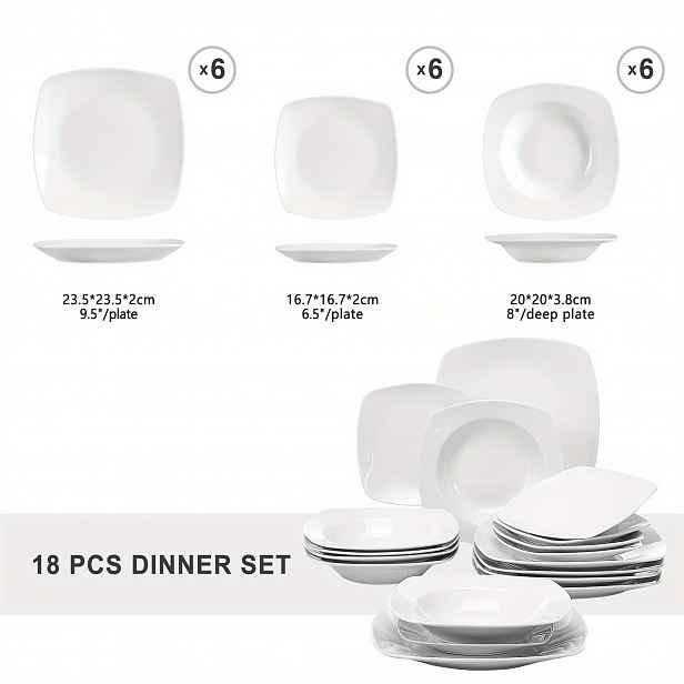 TEMU 18dílná jídelní souprava ze slonovinově bílého porcelánu, sada čtvercových talířů s 6ks dezertních talířů, 6ks polévkových talířů a 6ks hlavních