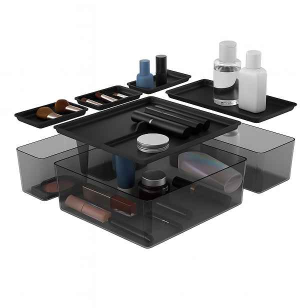 Goodhome Sada úložných boxů do šuplíku s víčky, koupelnový organizér 5v1, KOROS BLACK - černý