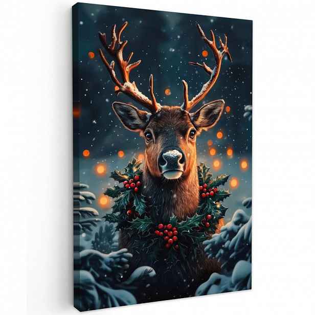 MuchoWow OBRAZ NA PLÁTNĚ Jelen - Vánoce - Zima - Sníh - Vánoční věnec 40x60 cm