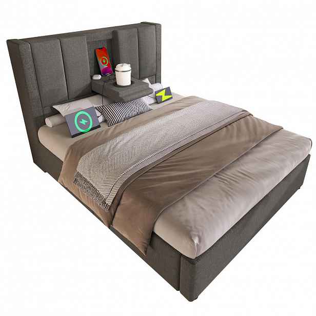 OKWISH ČALOUNĚNÁ postel 90/200 cm šedá z lnu s úložným prostorem a nabíjecí stanicí