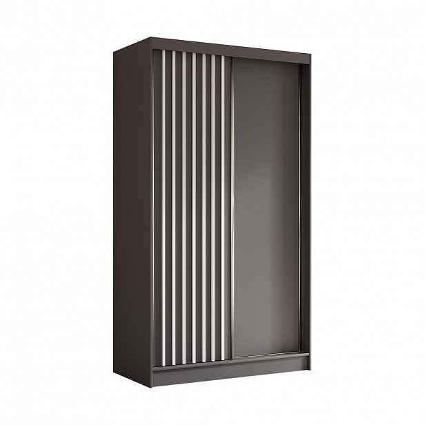 ALTDECOR ŠATNÍ SKŘÍŇ s dýhovanými posuvnými dveřmi a hliníkovými lamelami, LED osvětlení – LABELO – 120 cm šedá+šedá+bílá