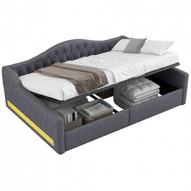 OKWISH DENNÍ postel 140/200 cm šedá z MDF a překližky s LED osvětlením a úložným prostorem