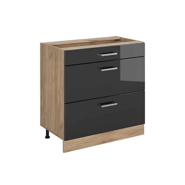 Vicco SPODNÍ SKŘÍŇKA KUCHYŇSKÉ LINKY R-Line, Antracitový vysoký lesk/Zlatý mocný dub, 80 cm se 3 zásuvkami bez pracovní desky