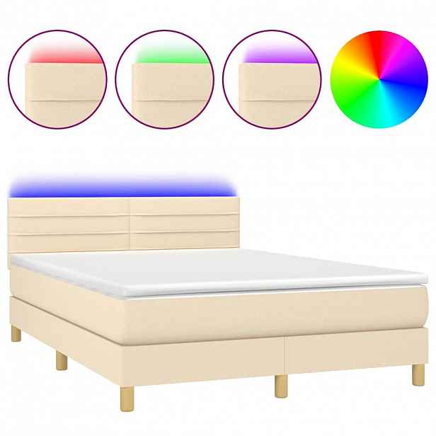 vidaXL Box spring postel s matrací a LED krémová 140x200 cm textil