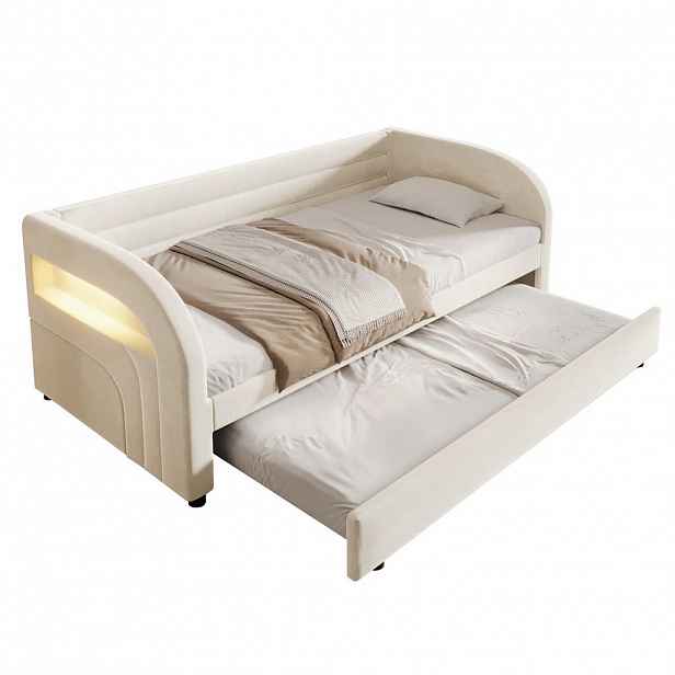 CHICFURN ČALOUNĚNÁ POSTEL 90/200 cm v béžové barvě s výsuvným lůžkem a LED
