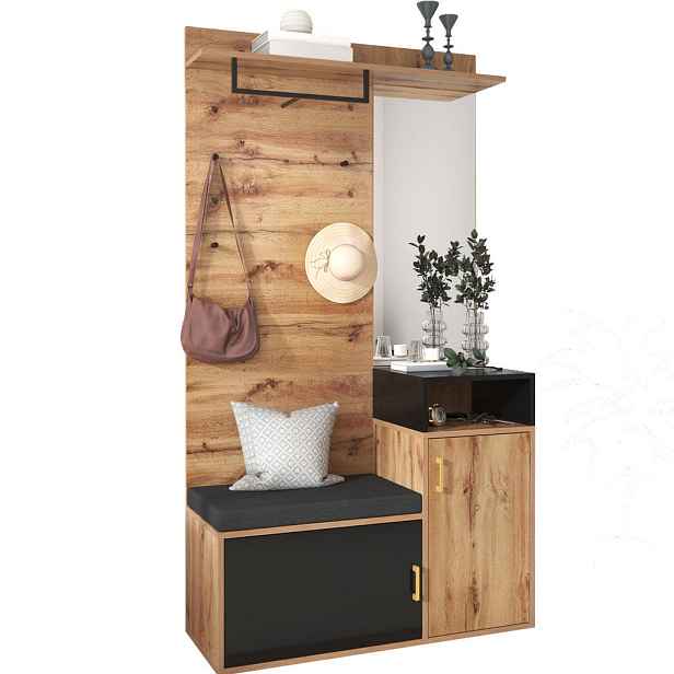 Modenvie PŘEDSÍŇOVÁ stěna 105/40/191,5 cm z MDF a dřevotřísky v černé a dekoru dřeva