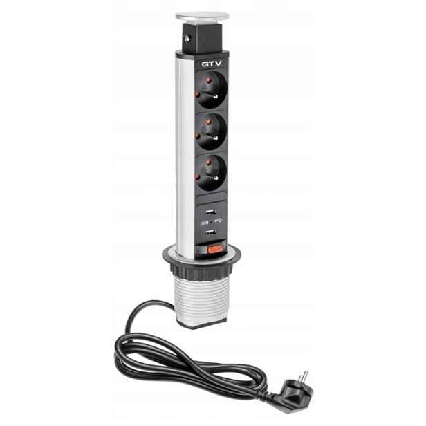Zapuštěná Stolní Zásuvka Prodlužovací Kabel Lištový Gtv Do Usb Desky, Stříbrná