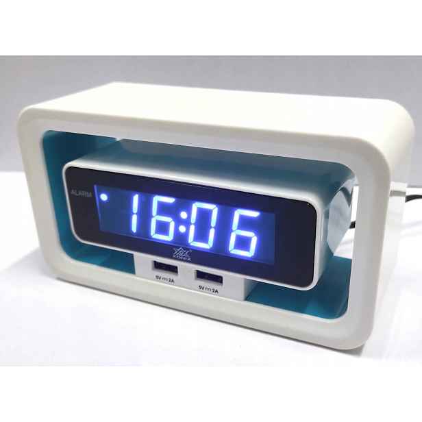 Čitelný Bílý Modrý Hodinový Led Budík Xonix 723, Dva Usb Porty, Alarm