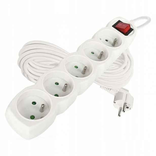 Prodlužovací kabel 10 m 5 zásuvek s vypínačem bílý Pvc 1,5 mm2