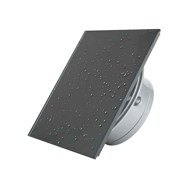 Koupelnový ventilátor. Krátké hrdlo. Skleněný panel s efektem kapky vody.