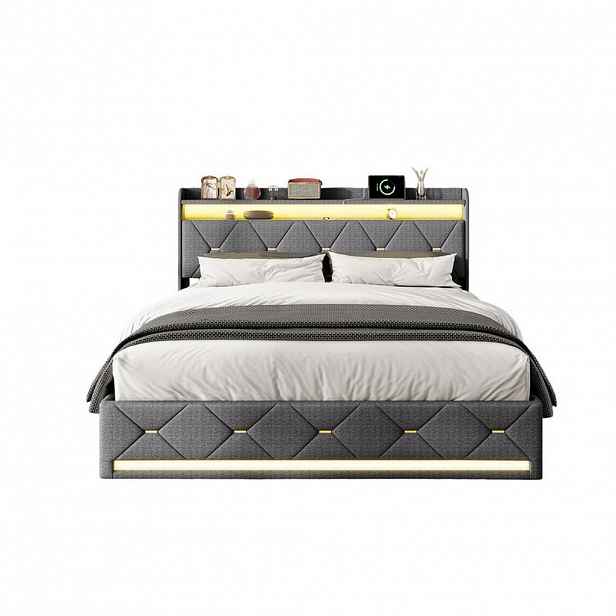 SHOPENTRA ČALOUNĚNÁ postel 140/200 cm šedá lněná s úložným prostorem RGB LED