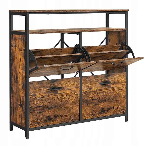 Botník 4 výklopné dveře s přihrádkami, stojan, regál, rustikální loft