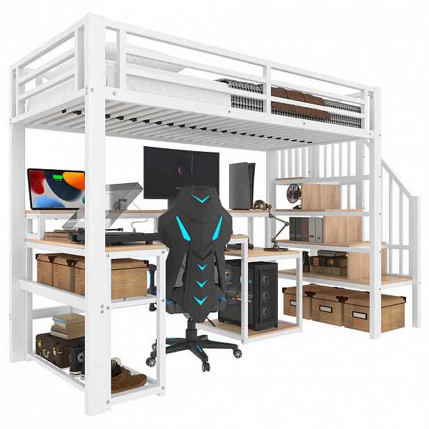 OKWISH VYSOKÁ postel 90/200 cm bílá z kovu a MDF s LED lištou s ovládáním přes aplikaci s psacím stolem