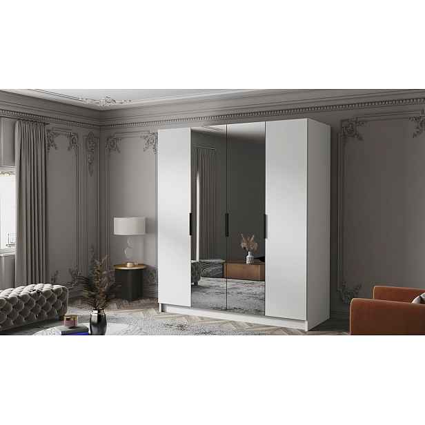 Šatní skříň se zrcadlem 200 cm KAOS 2 - bílá / černé úchyty