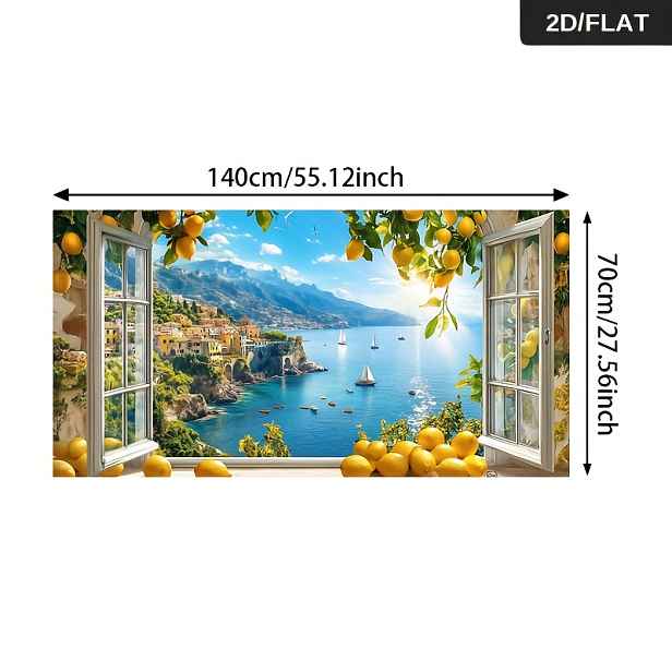TEMU 2D Ploché, [2D Ploché] 1ks 27,56*55,12in/70cm*140cm Bezrámové Moderní Abstraktní Citronovník u Moře Klidný Pohled na Pobřeží Přes Otevřené Okno