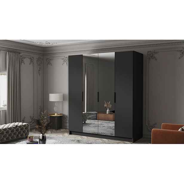 Šatní skříň se zrcadlem 200 cm KAOS 2 - černá / černé úchyty