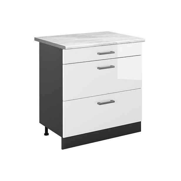 Vicco SPODNÍ SKŘÍŇKA KUCHYŇSKÉ LINKY R-Line, Bílá vysoký lesk/Antracit, 80 cm se 3 zásuvkami pracovná doska Mramor