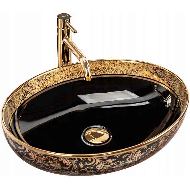 Umyvadlo Na Desku Oválné Černé Se Zlatým Vzorem Rea Margot Black Gold