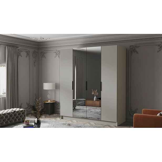 Šatní skříň se zrcadlem 200 cm KAOS 2 - kašmír / černé úchyty