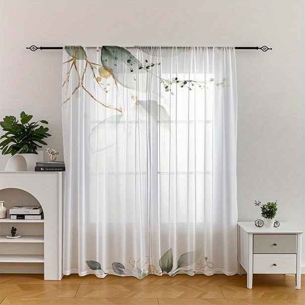 TEMU Sada dvou závěsů s designem bílých a zelených větví a listů, které se mísí, nabízí snadný, ale elegantní lem. Tyto tištěné průsvitné gázové