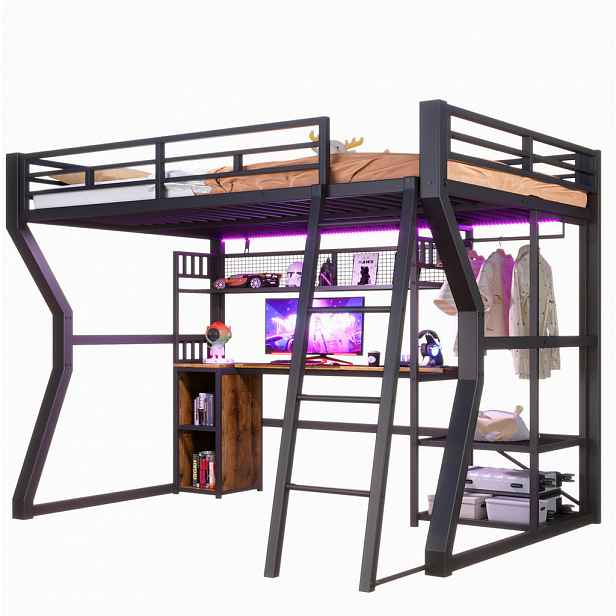 OKWISH PATROVÁ postel 140/200 cm černá z kovu a MDF s psacím stolem