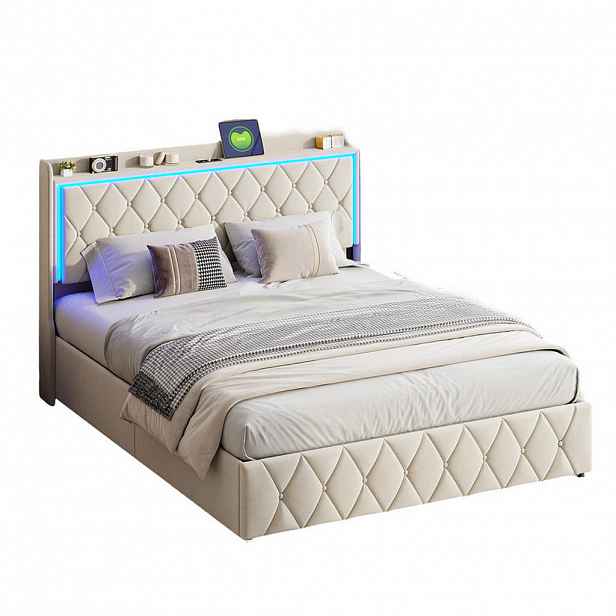 SHOPENTRA ČALOUNĚNÁ postel 140/190 cm béžová sametová úložný prostor RGB LED USB