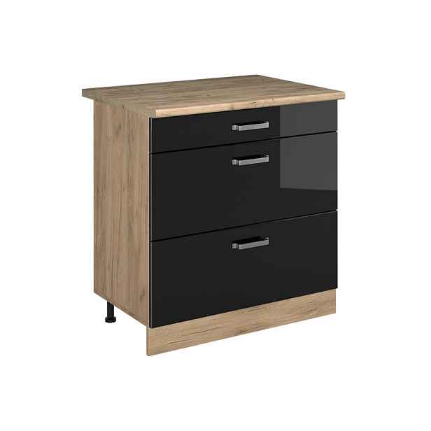 Vicco SPODNÍ SKŘÍŇKA KUCHYŇSKÉ LINKY R-Line, Černý vysoký lesk/Zlatý mocný dub, 80 cm se 3 zásuvkami pracovná doska Dub Goldkraft