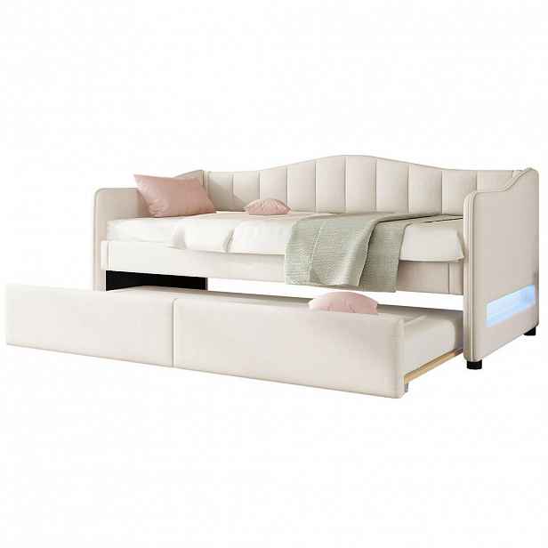 OKWISH POSTEL 90/200 cm béžová z lnu s výsuvným lůžkem a LED osvětlením