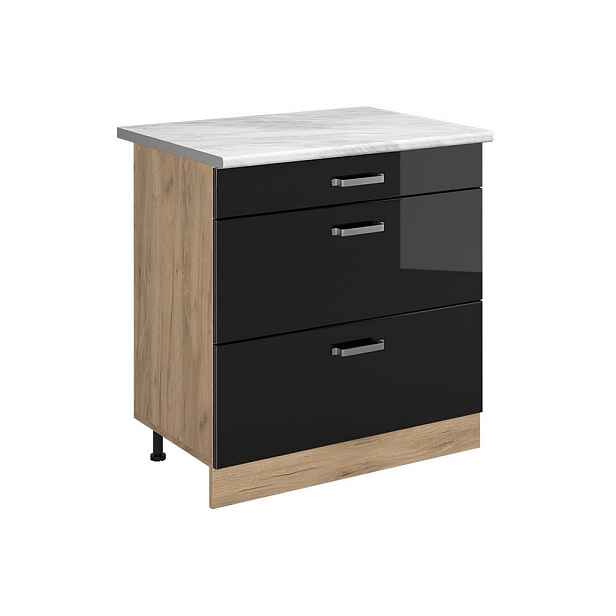 Vicco SPODNÍ SKŘÍŇKA KUCHYŇSKÉ LINKY R-Line, Černý vysoký lesk/Zlatý mocný dub, 80 cm se 3 zásuvkami pracovná doska Mramor