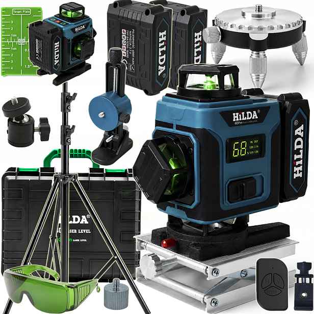 Laserová Vodováha 360 Rovinná Hilda 4DPRO Laserový Křížový Stativ 2,9 M