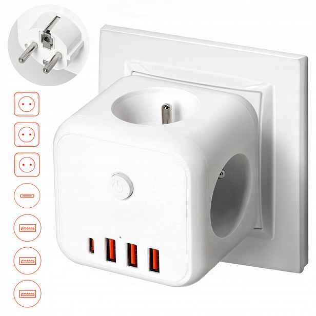 Rozbočka Síťový Kostka 3 zásuvky 4x Usb Vypínač Bílý Rozbočovač