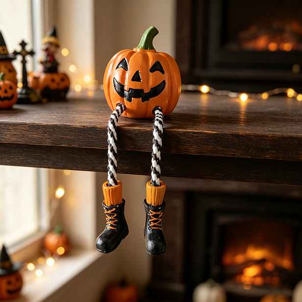 TEMU Halloweenská dekorace na poličku ve tvaru dýně, soška Jack-o'-Lantern z pryskyřice s nohama z závěsného provazu a černými svátečními