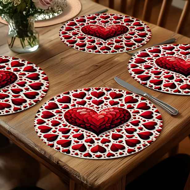 TEMU Sada 2/4/6 kulatých prostírání s červeným srdcem na Valentýna - 13,8 palců x 13,8 palců, sváteční , vhodné pro každodenní sváteční kuchyňské